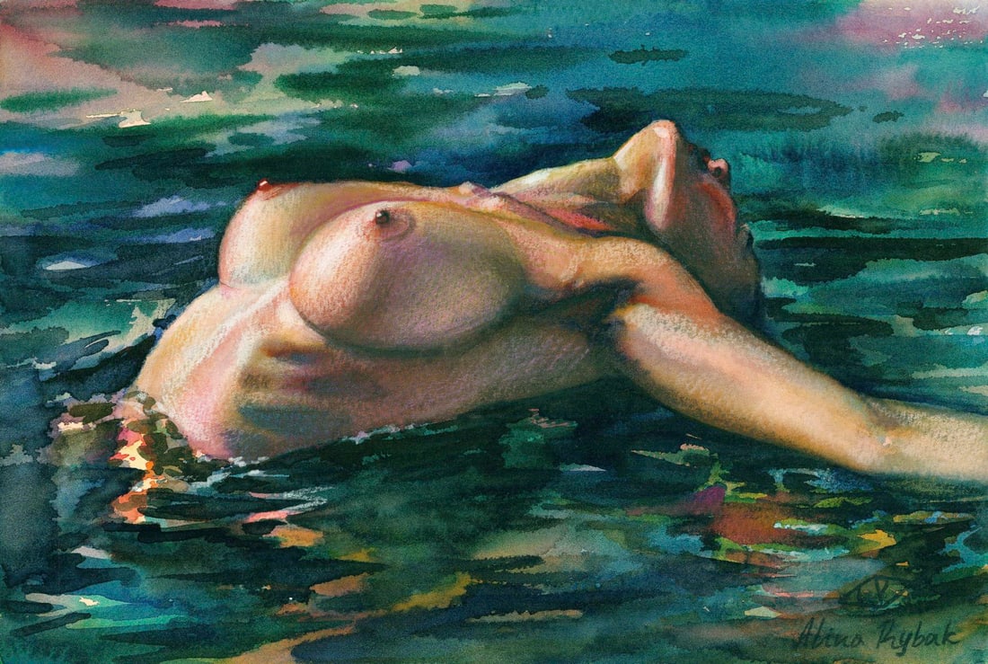 Alina Rybak (Ukraine,b 1996) watercolor painting: ARTIST: Alina Rybak (Ukrainian, born 1996) TITLE: Bathing Nude MEDIUM: watercolor on heavy paper CONDITION: Very good. ART SIZE: 8 x 12 inches / 20 x 30
