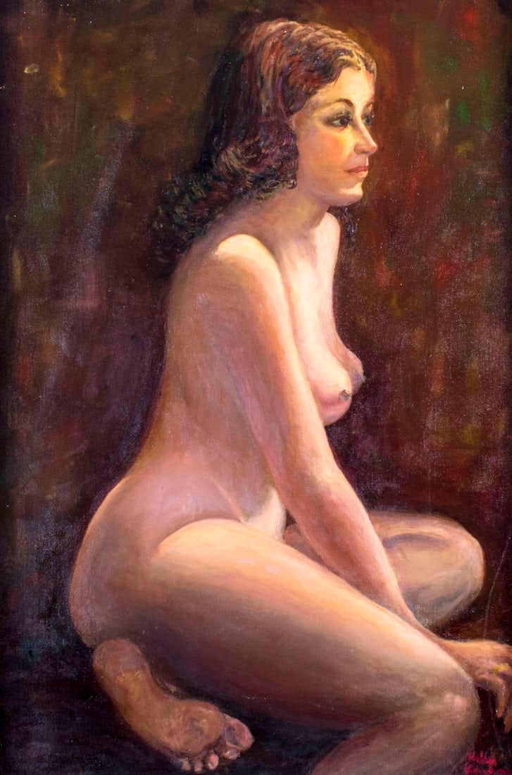 Helen Krakow (US,20C) oil painting: ARTIST: Helen Krakow (American, 20 century) NAME: Nude MEDIUM: oil on canvas CONDITION: One faint scratch along right edge. Missing a few flakes of paint. No visible inpaint under UV light.<