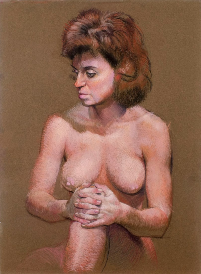Karl Foster (PA,b 1933) pastel painting: ARTIST: Karl Foster (Pennsylvania, born 1933) TITLE: Seated Nude MEDIUM: pastel on heavy paper CONDITION: One small tear to upper edge 1/2" long. Small damages to lower left