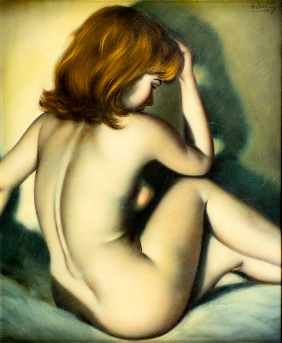 Helmut Breuninger (German,1921-1998) oil painting: ARTIST: Helmut Breuninger (Germany, 1921 - 1998) TITLE: Seated Nude MEDIUM: oil on canvas CONDITION: Few minor scratches/paint losses. No visible inpaint under UV light.