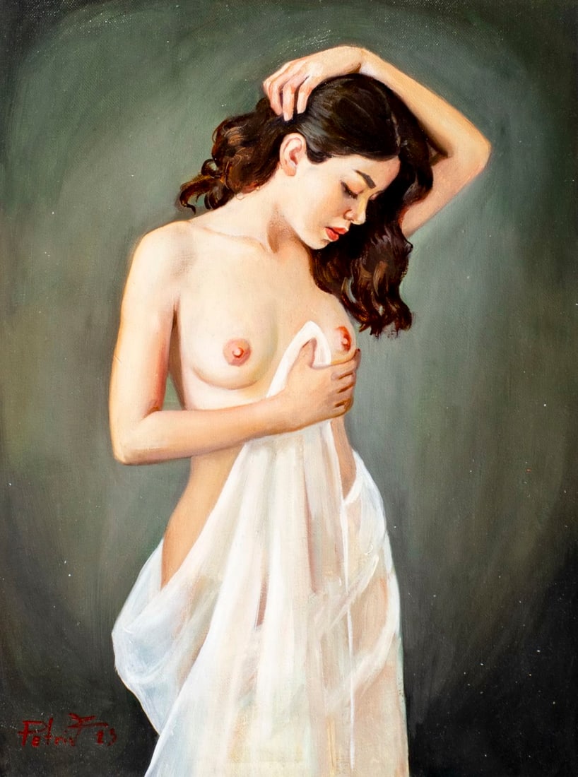 Zoriana Petriv (Ukraine,b 1994) oil painting: ARTIST: Zoriana Petriv (Ukrainian, born 1994) TITLE: Nude with White Cloth (titled on verso) YEAR: 2013 MEDIUM: oil on canvas CONDITION: Unstretched (In-