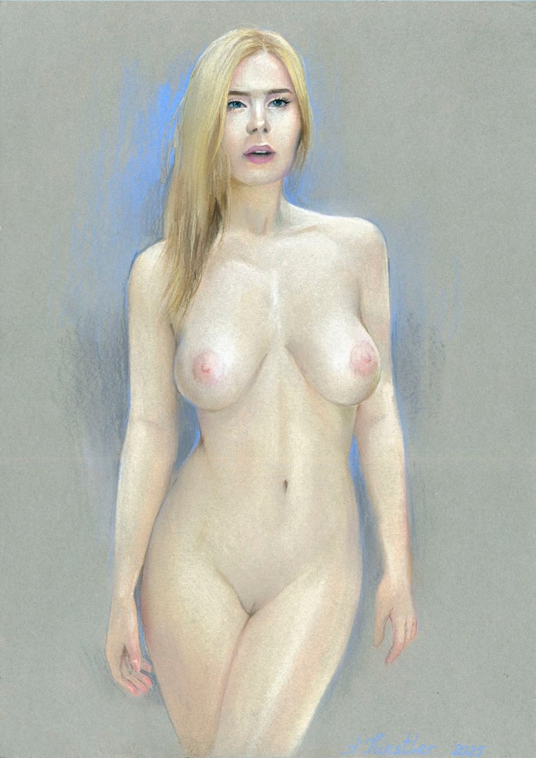 Anna Kintsler (Ukraine,b 2001) pastel painting: ARTIST: Anna Kintsler (Ukrainian, born 2001) TITLE: Nude MEDIUM: pastel on heavy paper CONDITION: Very good. ART SIZE: 12 x 8 inches / 30 x 20 cm