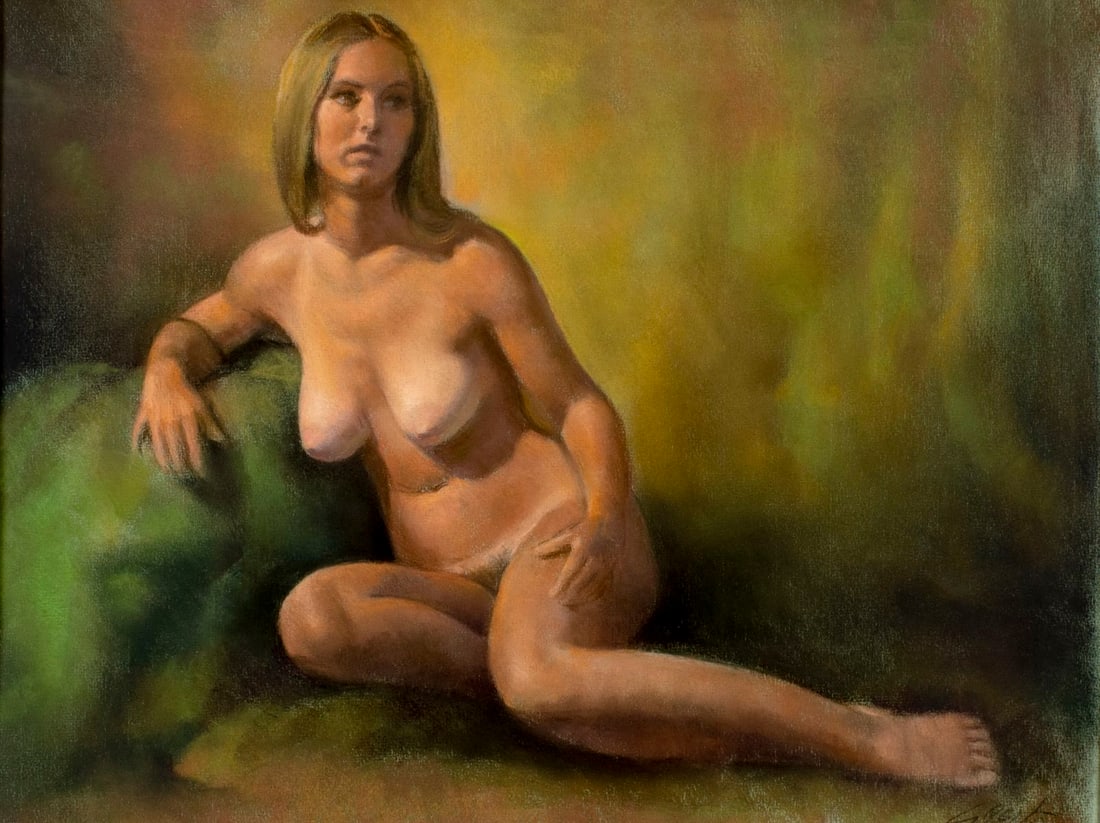 Vintage 20C American oil painting signed: ARTIST: - (American, 20 century) TITLE: Seated Nude MEDIUM: pastel on paper CONDITION: Few faint scratches. ART SIZE: 15 x 20 inches / 38 x 50 cm