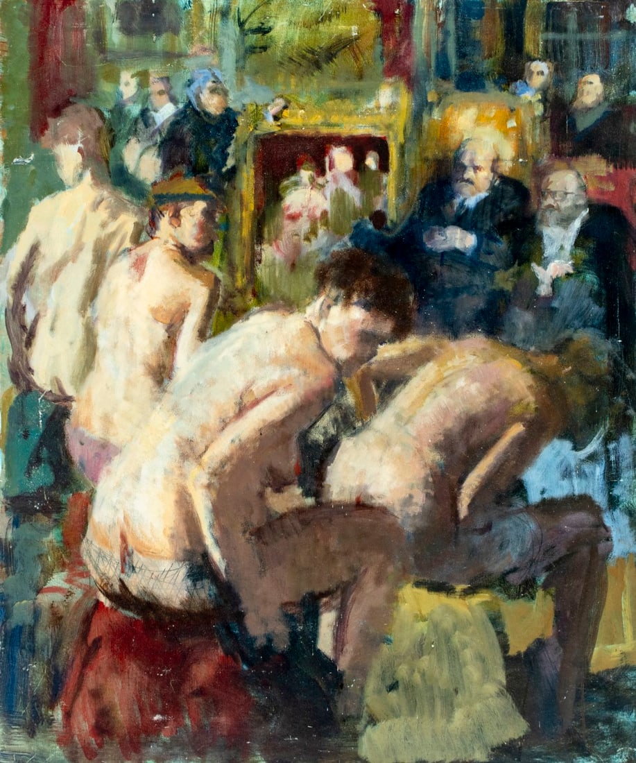 Clement Micarelli (RI,NY,1929-2008) oil painting: ARTIST: Clement Micarelli (Rhode Island, New York, 1929 - 2008) TITLE: Brothel Scene MEDIUM: oil on canvas CONDITION: Some scratches/paint losses. No visible inpaint under