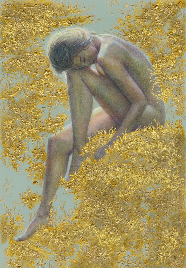 Katerina Grigorenko (Ukraine,b 1999) mixed media painting: ARTIST: Katerina Grigorenko (Ukrainian, born 1999) TITLE: Seated Nude MEDIUM: mixed media on heavy paper CONDITION: Very good. ART SIZE: 17 x 12 inches /