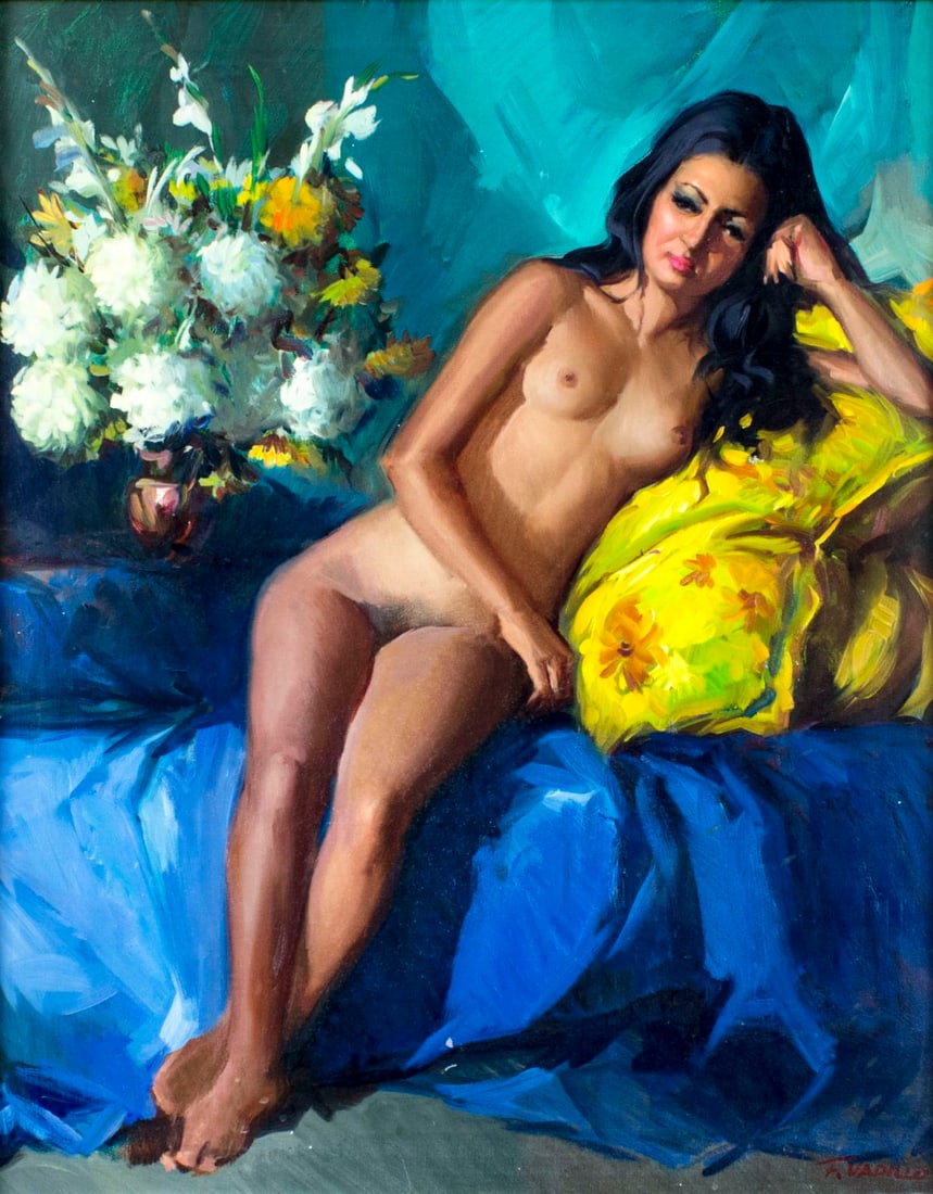Francisco Vadillo (Venezuela,1933-?) oil painting: ARTIST: Francisco Vadillo (Venezuelan, 1933 - ???) TITLE: Seated Nude with Flowers MEDIUM: oil on canvas CONDITION: Few scratches/paint losses. No visible inpaint under UV l