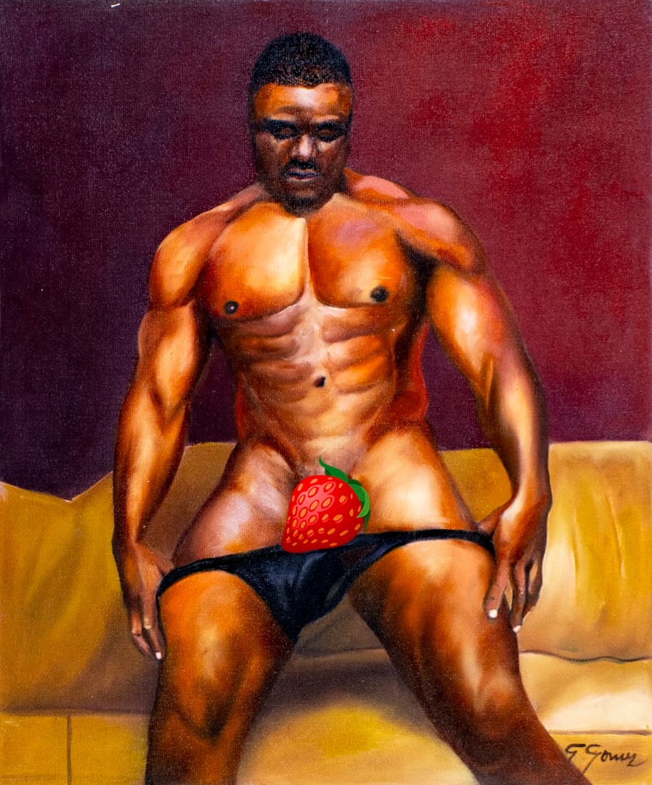 Gustavo Gomez (Colombia,FL,b 1956) oil painting: ARTIST: Gustavo Alonso Gomez (Colombian, Florida, born 1956) TITLE: Male Nude (titled on verso) MEDIUM: oil on canvas CONDITION: Unstretched (In-House stretching available).