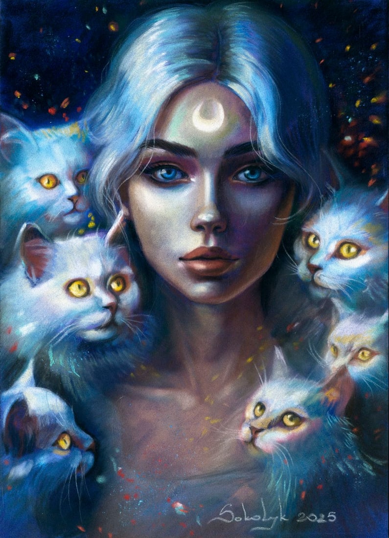 Vira Sokolyk (Ukraine,b 1999) pastel painting: ARTIST: Vira Sokolyk (Ukrainian, born 1999) TITLE: Woman and Cats MEDIUM: pastel on heavy paper CONDITION: Very good. ART SIZE: 12 x 8 inches / 30 x 20 c