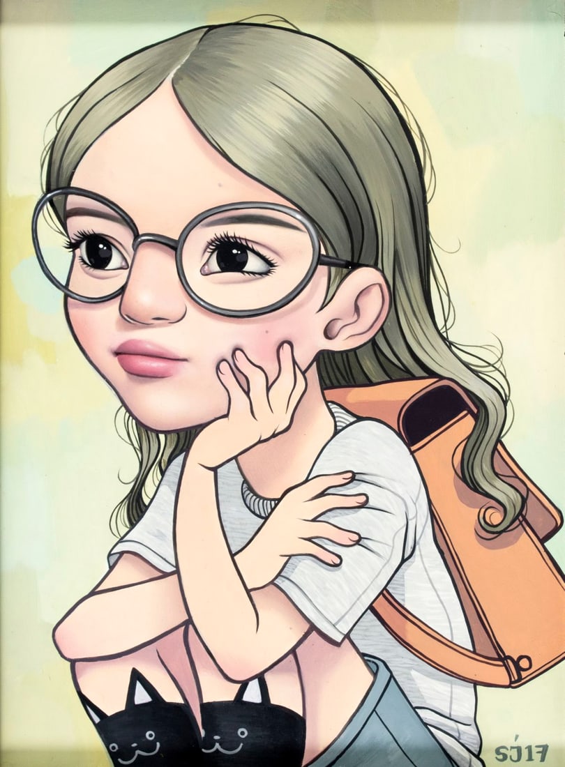 Sarah Joncas (Canada,b 1986) oil painting: ARTIST: Sarah Joncas (Canadian, born 1986) TITLE: Schoolgirl YEAR: 2017 MEDIUM: oil on board CONDITION: Overall good. No visible inpaint under UV light.<