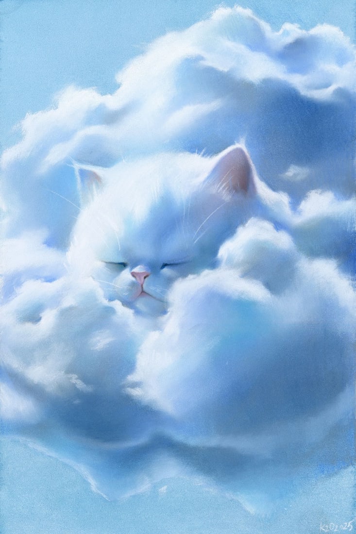 Olga Kuznezova (Ukraine,b 2000) pastel painting: ARTIST: Olga Kuznezova (Ukrainian, born 2000) TITLE: Cloud Cat MEDIUM: pastel on heavy paper CONDITION: Minor damage to the upper left corner. ART SIZE: