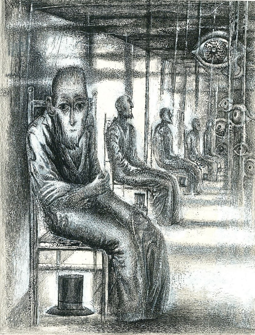 Jarmila Maranova (Czech,NY,1922-2009) mixed media painting: ARTIST: Jarmila Maranova (Czech Republic, New York, 1922 - 2009) TITLE: Illustration MEDIUM: mixed media on paper CONDITION: Minor age toning. ART SIZE: