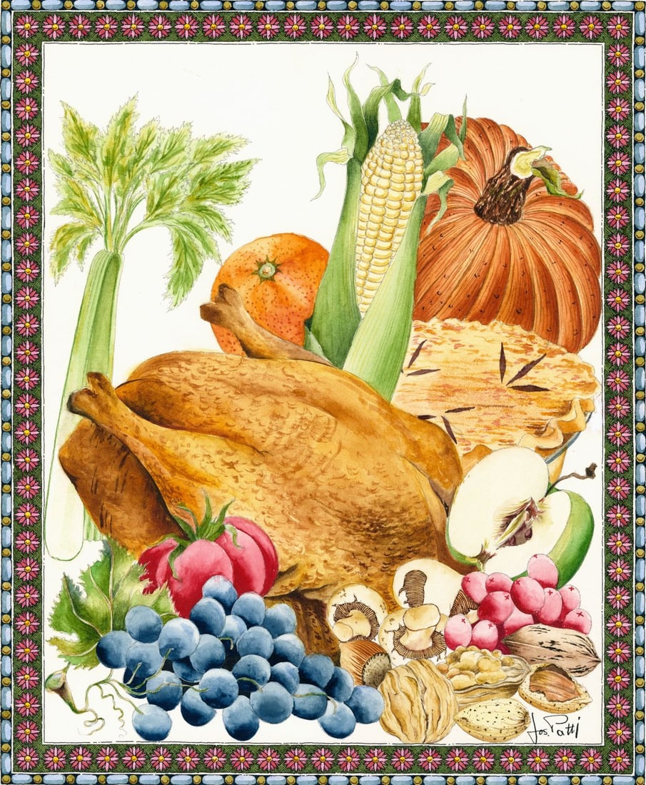 Joseph Patti (US,20C) watercolor painting: ARTIST: Joseph Patti (American, 20 century) TITLE: Thanksgiving Panel (titled on verso) YEAR: 1980 MEDIUM: watercolor on heavy paper CONDITION: Very good