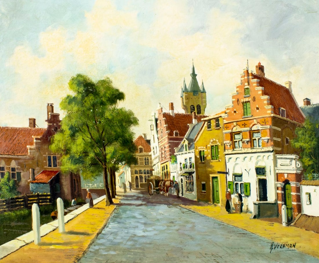 H Veldman (Europe,20C) oil painting: ARTIST: H Veldman (European, 20 century) TITLE: Cityscape MEDIUM: oil on canvas CONDITION: Unstretched (In-House stretching available). Overall good. No visible inpaint unde