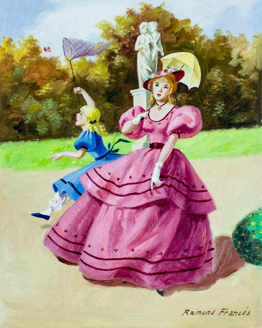 Raimond Frances (US,France,20C) oil painting: ARTIST: Raimond Frances (American, French, 20 century) NAME: Walking mother and daughter MEDIUM: oil on canvas CONDITION: Very good. Unstretched (In-House stretching available). No visible i