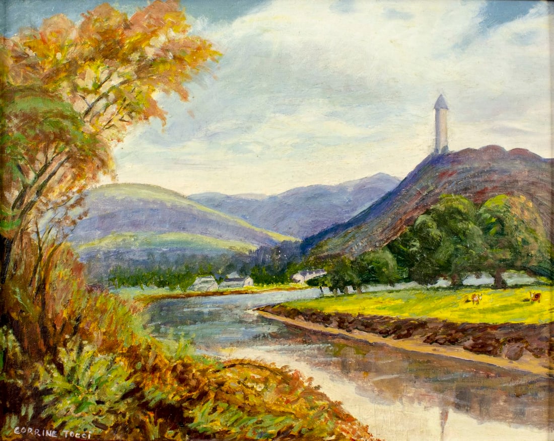 Corrine Tocci (US,mid 20C) oil painting: ARTIST: Corrine Tocci (American, mid 20 century) TITLE: Autumn Landscape with River MEDIUM: oil on canvas board CONDITION: Few minor paint losses. No visible inpaint under U