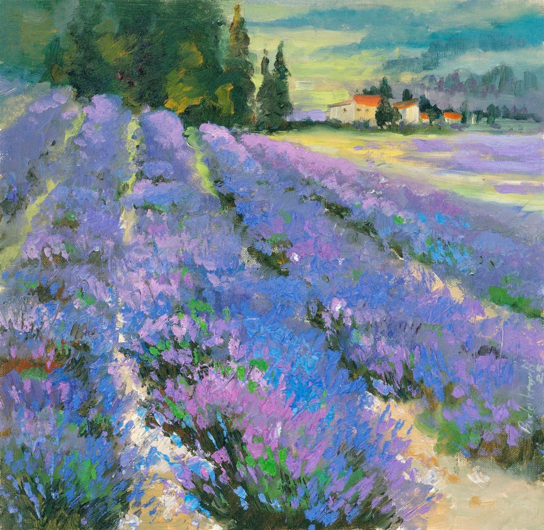 Volodymyr Budenkevych (Ukraine,20/21C) oil painting: ARTIST: Volodymyr Budenkevych (Ukrainian, 20/21 centuries) TITLE: Lavender Field Landscape MEDIUM: oil on heavy paper CONDITION: Very good. No visible inpaint under UV light
