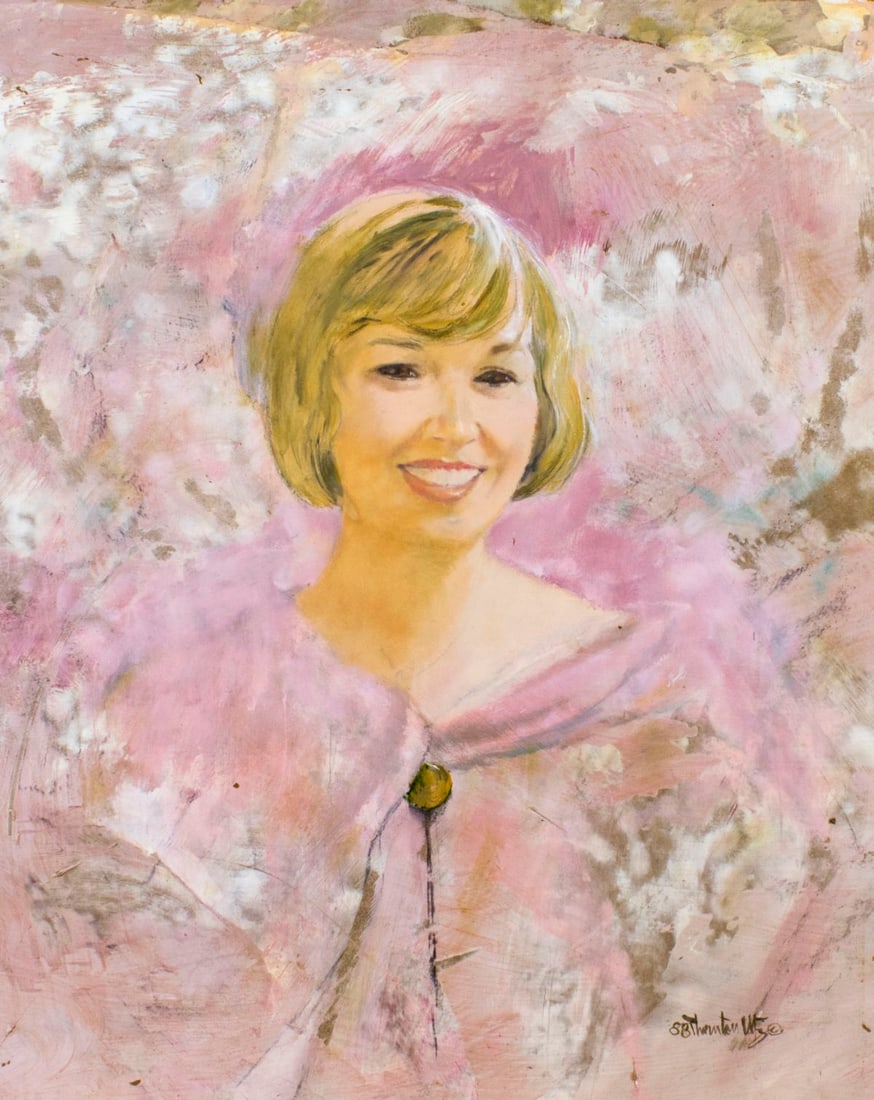 Thornton Utz (FL,TN,1914-1999) oil painting: ARTIST: Thornton Utz (Florida, Tennessee, 1914 - 1999) TITLE: Portrait of Woman YEAR: 1988 MEDIUM: oil on board CONDITION: Few small paint losses. No v