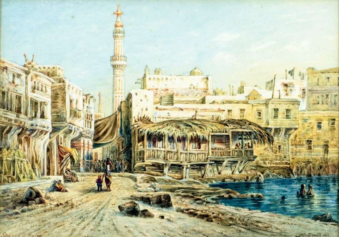 Antique 19C German watercolor painting signed (1 of 14)