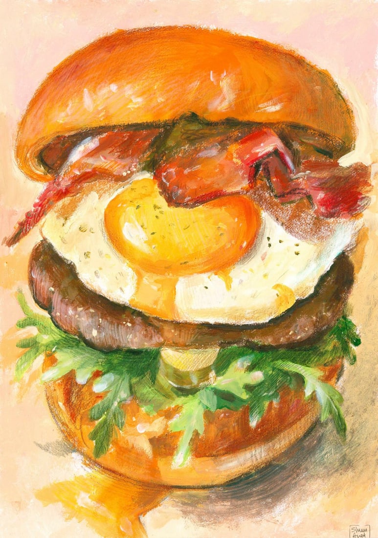 Anna Basalyko (Ukraine,20/21C) mixed media painting: ARTIST: Anna Basalyko (Ukrainian, 20/21 centuries) TITLE: Still Life with Burger MEDIUM: mixed media on paper CONDITION: Very good. ART SIZE: 16 x 12 inc