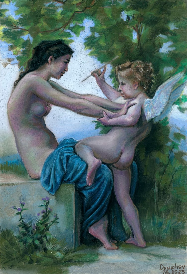 Oleksandr Demichev (Ukraine,20/21C) pastel painting: ARTIST: Oleksandr Demichev (Ukrainian, 20/21 centuries) TITLE: Nude and Cupid MEDIUM: pastel on heavy paper CONDITION: Very good. ART SIZE: 17 x 12 inche