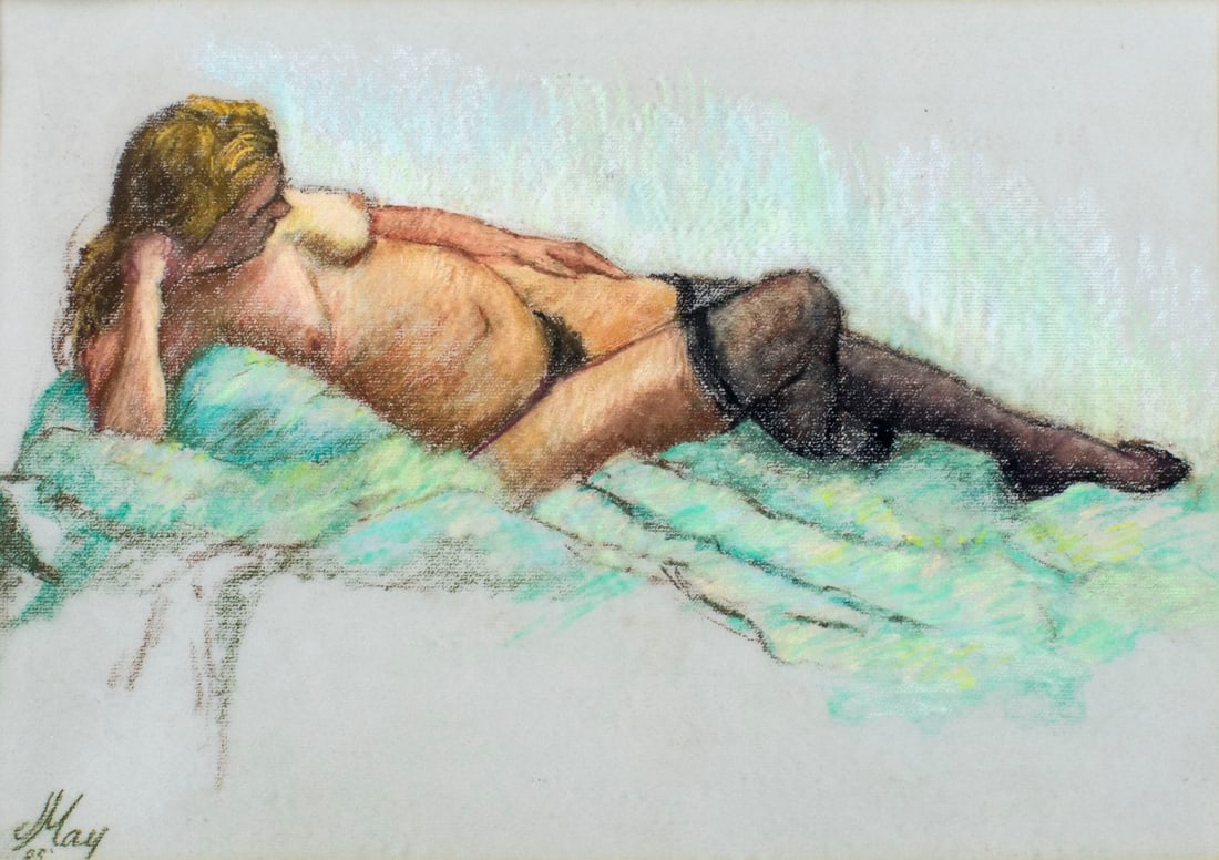 J May (US,20C) pastel painting: ARTIST: J May (American, 20 century) TITLE: Reclining Nude YEAR: 1985 MEDIUM: pastel on paper CONDITION: Very good. Framed under glass. ART SI