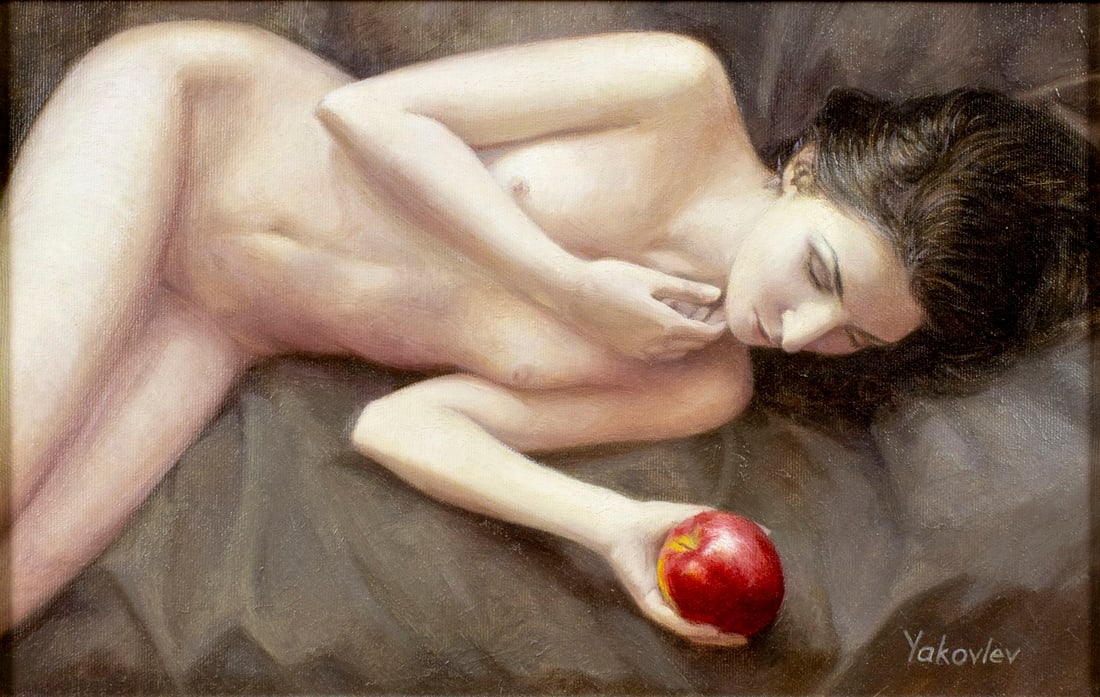 Alexey Yakovlev (Ukraine,b 1976) oil painting: ARTIST: Alexey Yakovlev (Ukrainian, born 1976) TITLE: Nude - Girl with Apple (titled on verso) YEAR: 2015 MEDIUM: oil on canvas CONDITION: Very good. No