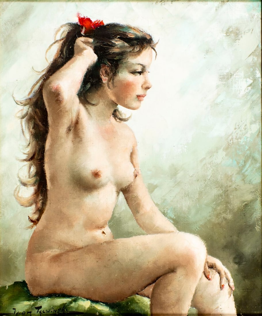 Igor Talwinski (Poland,France,1907-1983) oil painting: ARTIST: Igor Talwinski (Polish, French, 1907 - 1983) TITLE: Seated Nude MEDIUM: oil on canvas CONDITION: Few minor paint losses. Some craquelure. No visible inpaint under