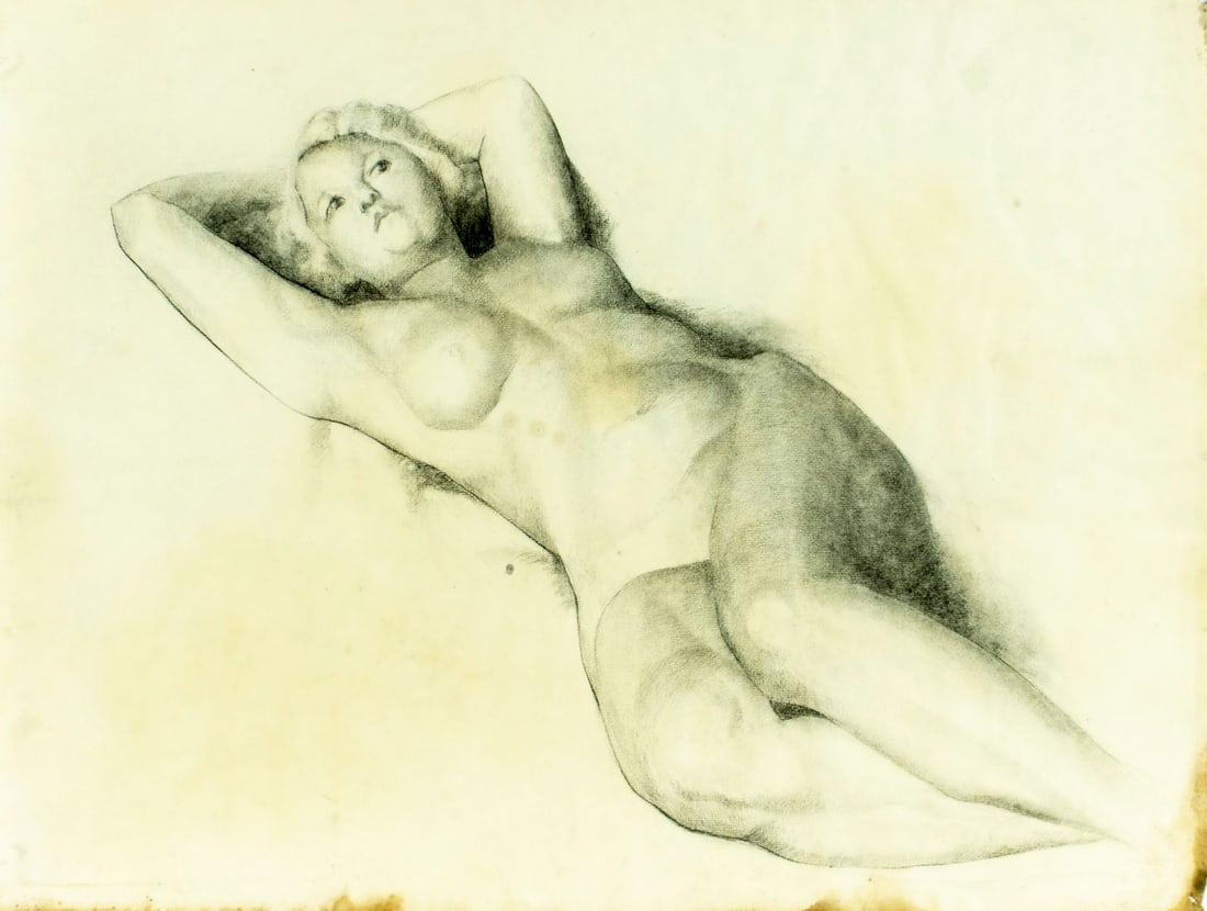 Antique early 20C American graphite painting: ARTIST: - (American, early 20 century) TITLE: Reclining Nude MEDIUM: graphite on paper CONDITION: Few nail holes along edges. Some damages to edges. Some age toning. Some