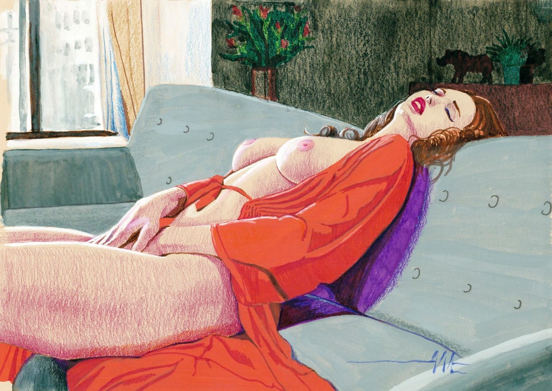 Aleksandr Matushkin (Ukraine,20/21C) colored pencil painting: ARTIST: Aleksandr Matushkin (Ukrainian, 20/21 centuries) TITLE: Reclining Nude MEDIUM: colored pencil on heavy paper CONDITION: Very good. ART SIZE: 8 x