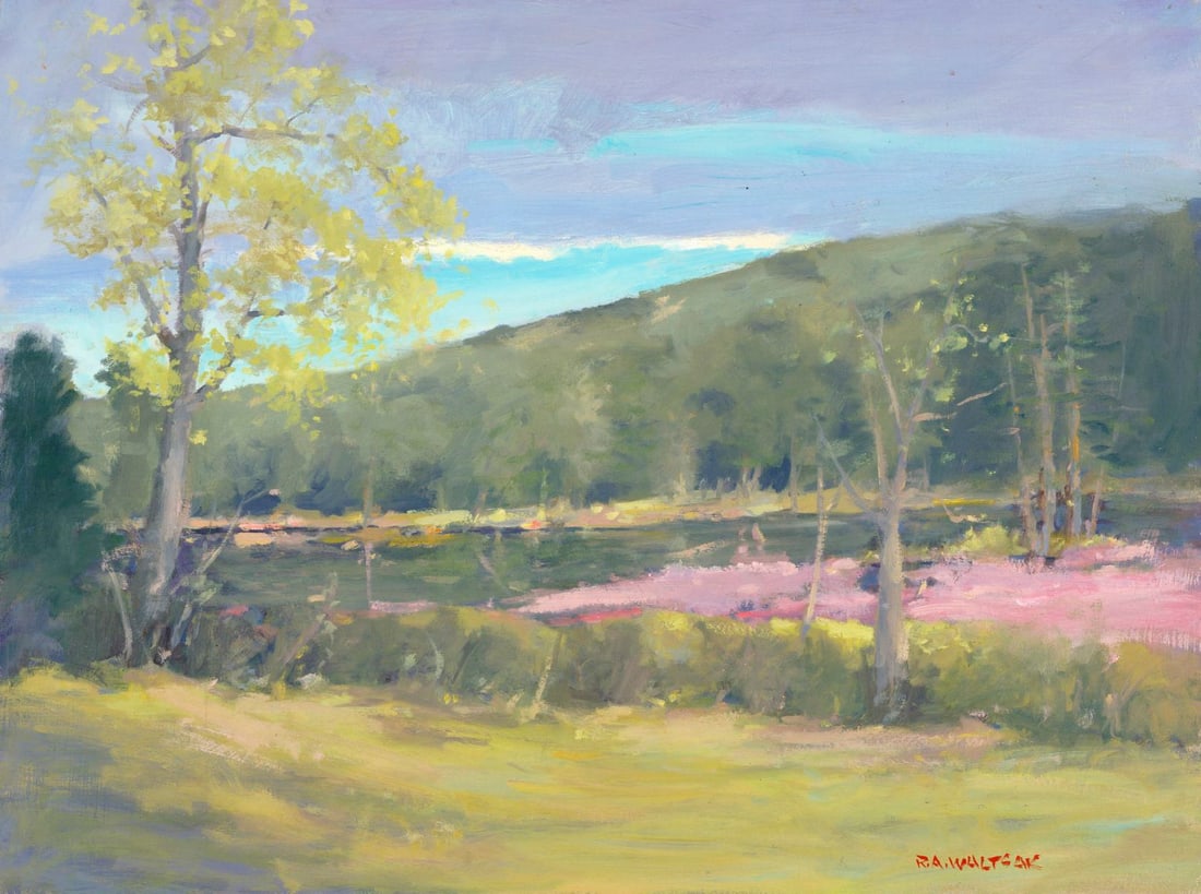 Robert Waltsak (NJ,b 1944) oil painting: ARTIST: Robert Alan Waltsak (New Jersey, born 1944) TITLE: Hilly River Landscape MEDIUM: oil on board CONDITION: Few minor scratches/paint losses. No visible inpaint under U