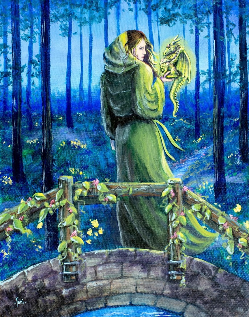 Lori Karels (MN,b 1960) oil painting: ARTIST: Lori Karels (Minnesota, born 1960) TITLE: Spirit of the Forest (titled on verso) MEDIUM: oil on canvas board CONDITION: Very good. No visible inpaint under UV light.