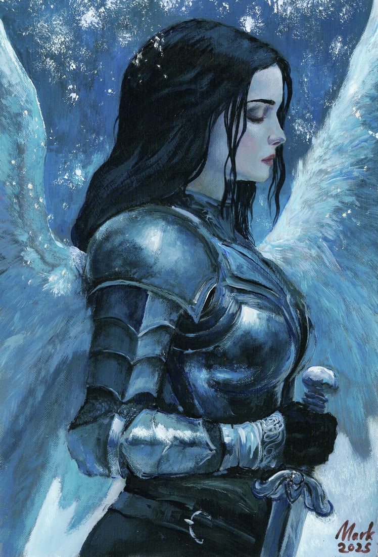 Mark Zybkin (Ukraine,20/21C) oil painting: ARTIST: Mark Zybkin (Ukrainian, 20/21 centuries) TITLE: Angel Woman in Armor MEDIUM: oil on heavy paper CONDITION: Very good. No visible inpaint under UV light. A