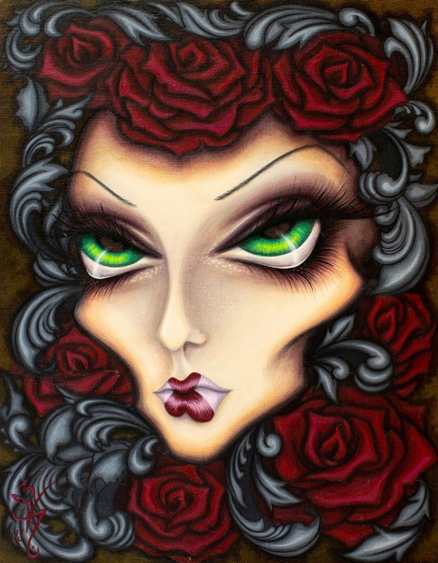 Natalie VonRaven (Canada,20/21C) acrylic painting: ARTIST: Natalie VonRaven (Canadian, 20/21 centuries) TITLE: The Mean Reds (titled on verso) YEAR: 2014 MEDIUM: acrylic on canvas board CONDITION: Very go