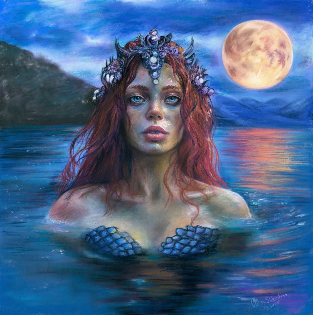 Alisa Shkodina (Ukraine,b 1992) pastel painting: ARTIST: Alisa Shkodina (Ukrainian, born 1992) TITLE: Mermaid MEDIUM: pastel on heavy paper CONDITION: Very good. ART SIZE: 12 x 12 inches / 30 x 30 cm