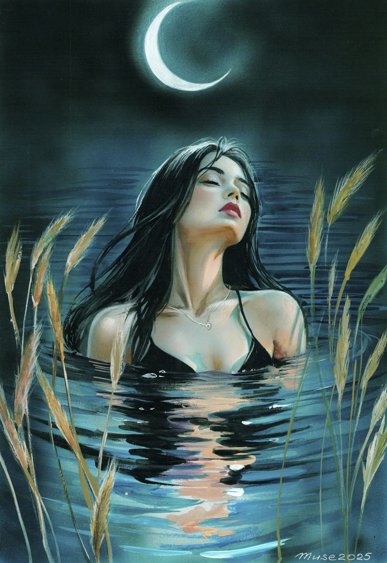 Olga Dolgikova (Ukraine,b 1967) acrylic painting: ARTIST: Olga Dolgikova (Ukrainian, born 1967) TITLE: Bathing Woman MEDIUM: acrylic on heavy paper CONDITION: Very good. ART SIZE: 17 x 12 inches / 43 x 3