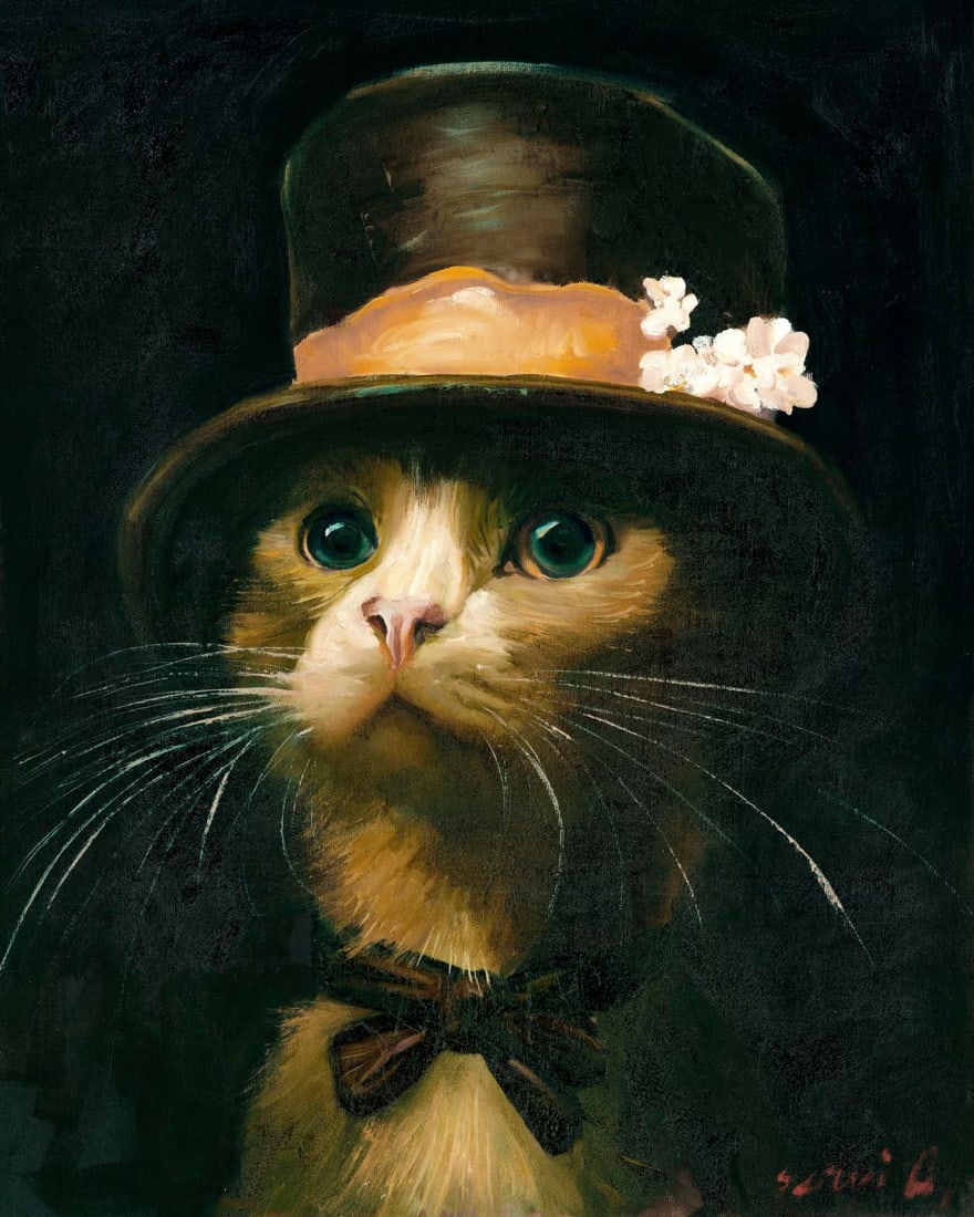 Alex Siryi (Ukraine,b 1997) oil painting: ARTIST: Alex Siryi (Ukrainian, born 1997) TITLE: Cat in Hat MEDIUM: oil on canvas CONDITION: Very good. No visible inpaint under UV light. ART SIZE: 24 x