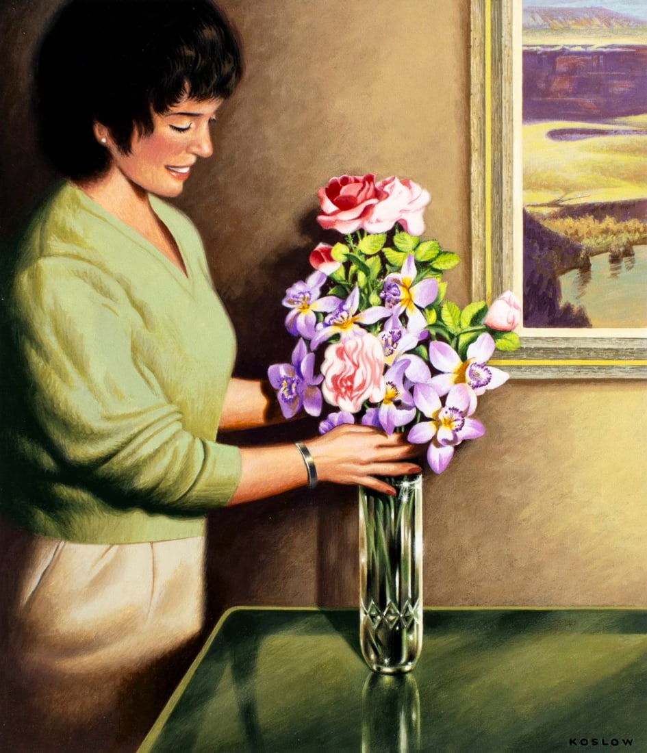 Howard Koslow (NJ,NY,1924-2016) oil painting: ARTIST: Howard Bertram Koslow (New Jersey, New York, 1924 - 2016) TITLE: Pressed Glass - Arranging Flowers in the Vase (titled on verso) YEAR: 1999 MEDIUM: oil on board <