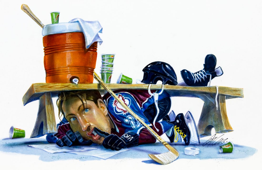 Gary Locke (MO,b 1963) gouache painting: ARTIST: Gary Locke (Missouri, born 1963) TITLE: Hockey Illustration MEDIUM: watercolor and gouache on board CONDITION: Very good. ART SIZE: 7 x 12 inches