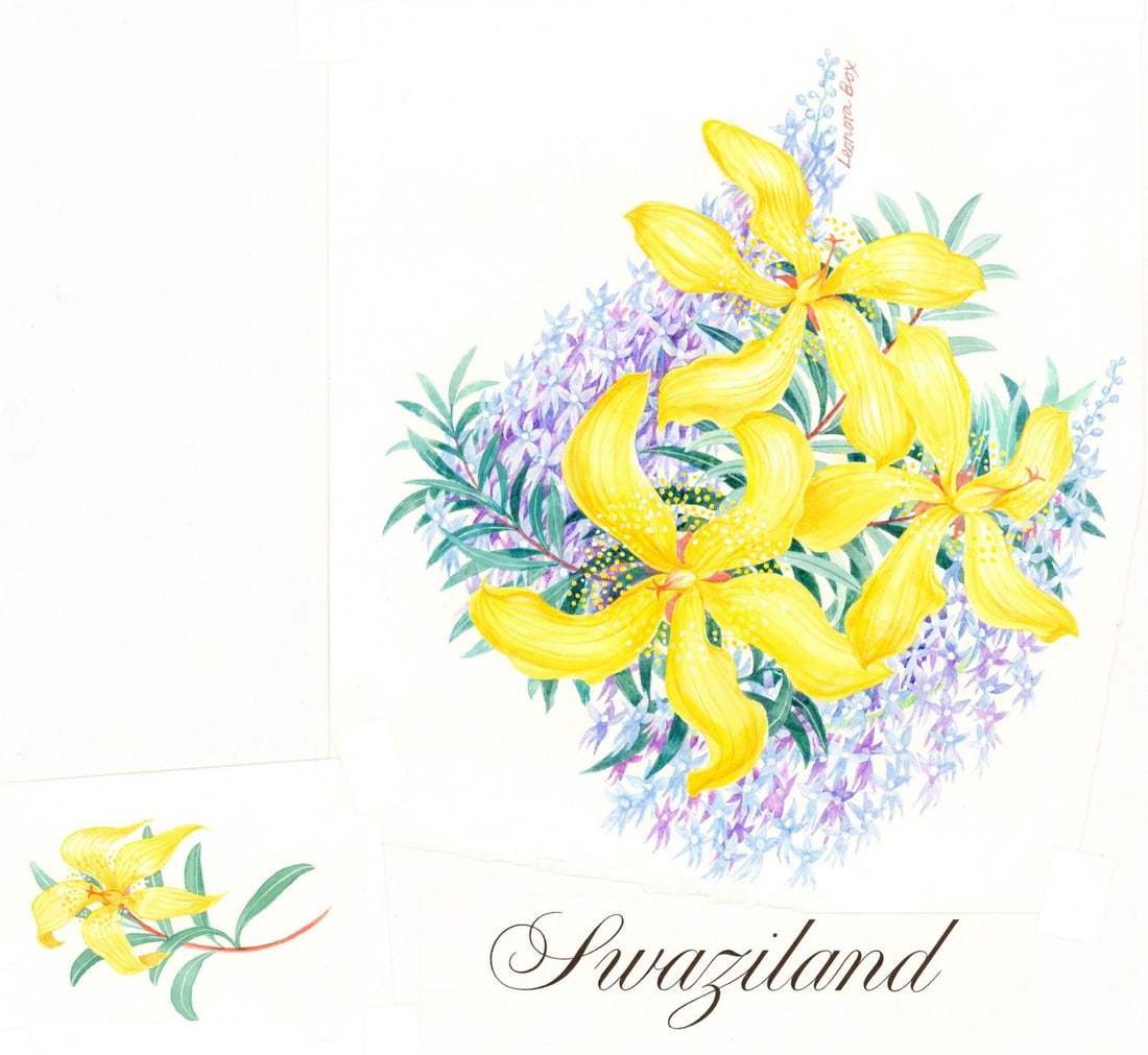 Leonora Box (UK,1936-?) watercolor painting: ARTIST: Leonora Box (United Kingdom, 1936 - ???) TITLE: Queens 60th Birthday - Swaziland (titled on verso) YEAR: 1986 MEDIUM: watercolor on paper. Paper applied to board.<