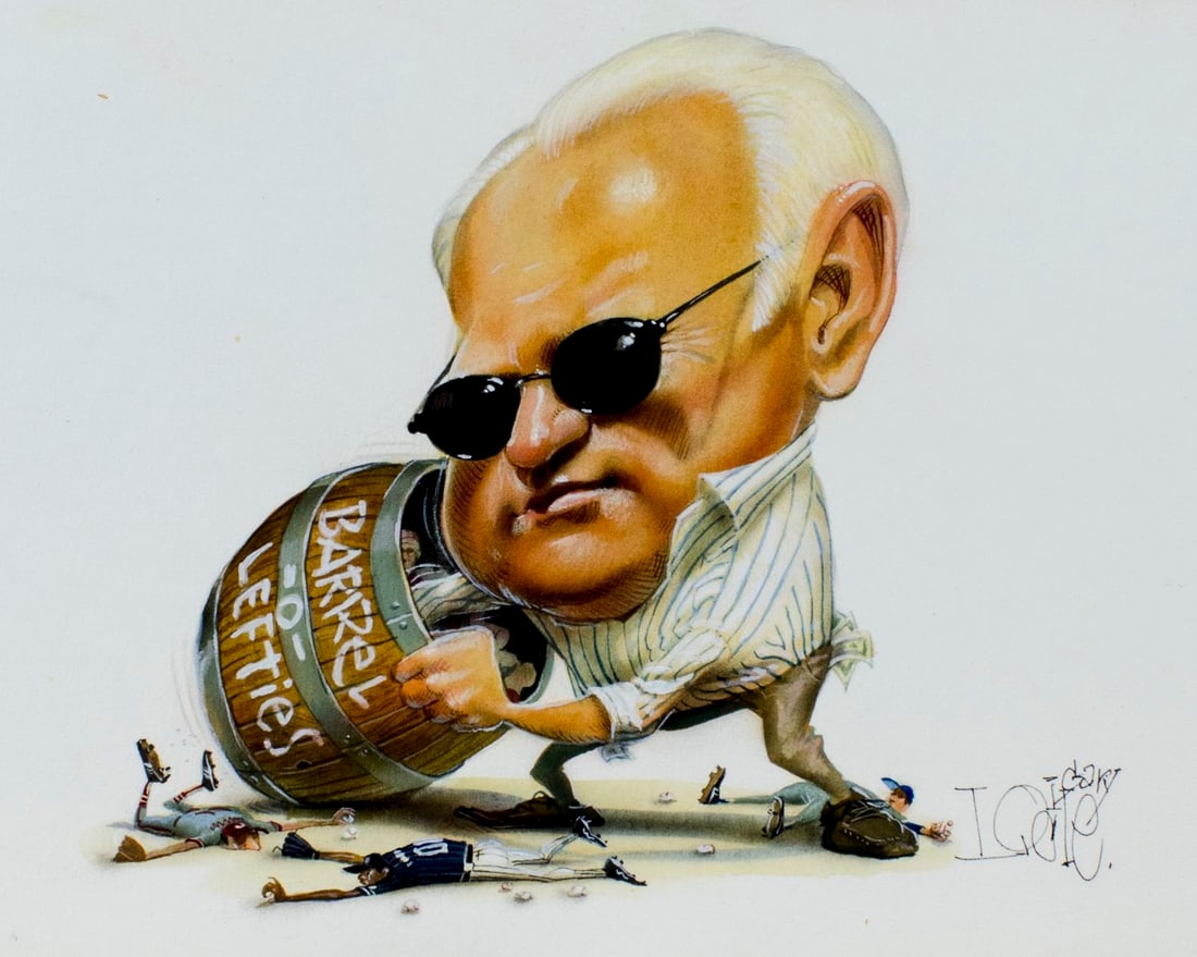 Gary Locke (MO,b 1963) gouache painting: ARTIST: Gary Locke (Missouri, born 1963) TITLE: Cardinals - Walt Jocketty (titled on verso) MEDIUM: gouache on board CONDITION: Very good. ART SIZE: 5 x