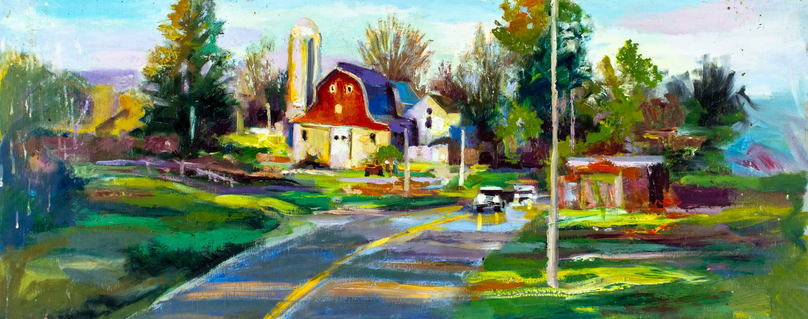 John Reilly (NY,NJ,1942-2021) oil painting: ARTIST: John Reilly (New York, New Jersey, 1942 - 2021) TITLE: Country Landscape MEDIUM: oil on board CONDITION: Minor damages to corners. Some white and dark spots mostly