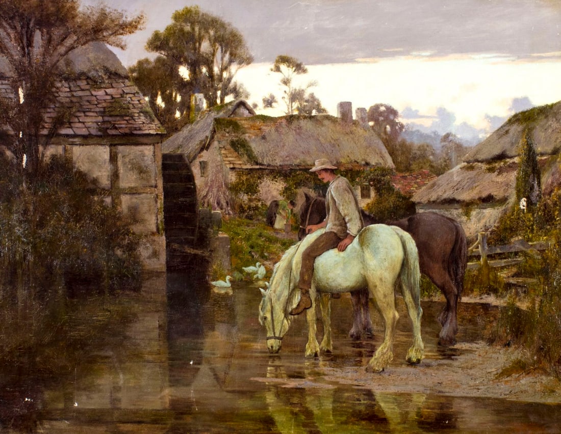 Godfrey Douglas Giles (UK,Scotland,1857-1941) oil painting: ARTIST: Geoffrey Douglas Giles (British, Scottish, 1857 - 1941) NAME: When the Toll of Day is Over (titled on verso) MEDIUM: oil on canvas CONDITION: Some paint losses (biggest along lower e