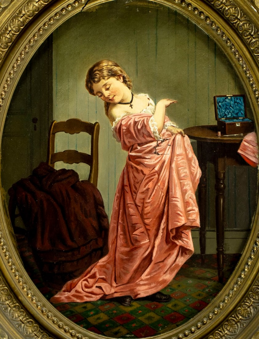 Carl Reichel (Europe,19C) oil painting antique: ARTIST: Carl Reichel (European, 19 century) TITLE: Girl in Pink Dress MEDIUM: oil on canvas CONDITION: One patch. One pinhole by the upper edge. Some paint losses. Some craq