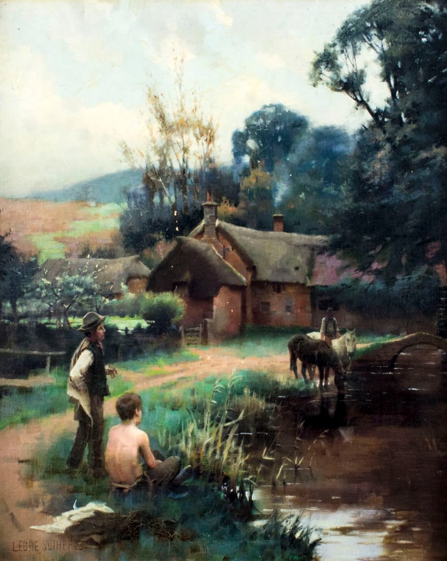 Leghe Suthers (UK,1855-1924) oil painting antique: ARTIST: Leghe Suthers (British, 1855 - 1924) NAME: Country Scene MEDIUM: oil on canvas CONDITION: Missing a few flakes of paint. Minor craquelure. No visible inpaint under UV light. Minor da