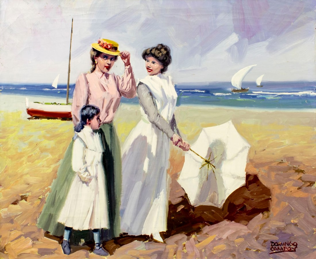 Domingo Campoy (Spain,1926-?) oil painting: ARTIST: Domingo Campoy (Spanish, 1926 - ???) TITLE: Ladies on Promenade MEDIUM: oil on canvas CONDITION: Unstretched (In-House stretching available). Some small paint loss