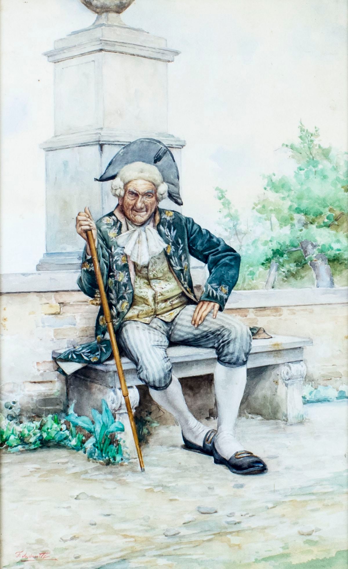 Federico Andreotti (Italy,1847-1930) watercolor painting antique: ARTIST: Federico Andreotti (Italian, 1847 - 1930) NAME: Man with Cane on the Bench MEDIUM: watercolor on paper CONDITION: Minor age toning. Framed under glass. Wear to frame. SIGHT SIZE: