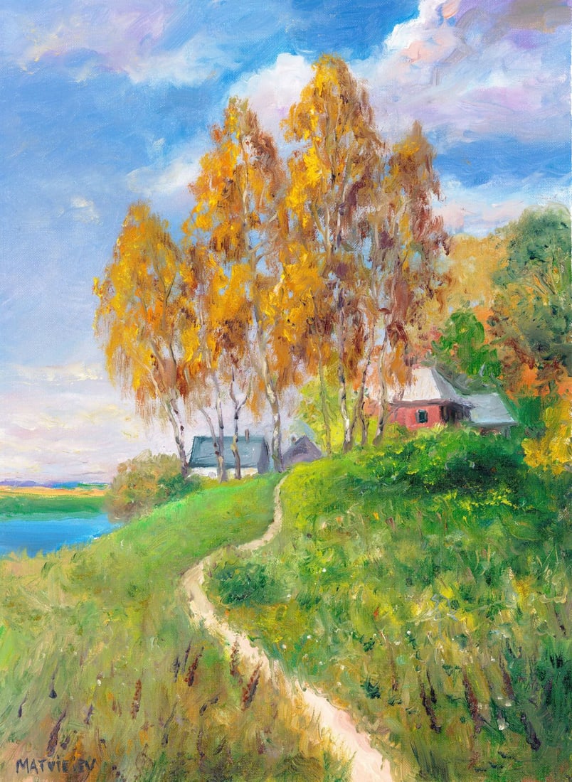 Andriy Matveiev (Ukraine,b 1988) oil painting: ARTIST: Andriy Matveiev (Ukrainian, born 1988) TITLE: Autumn Village Landscape MEDIUM: oil on heavy paper CONDITION: Very good. No visible inpaint under UV light.