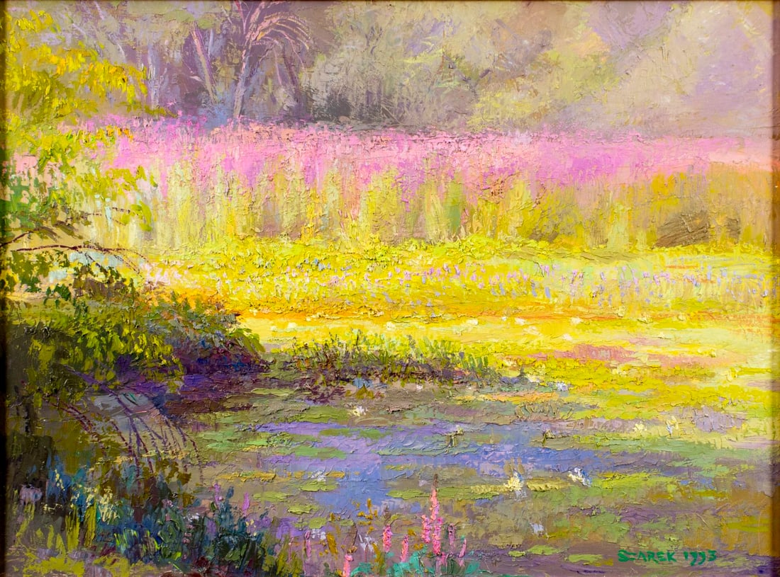 Joseph Szarek (RI,1946-?) oil painting: ARTIST: Joseph Szarek (Rhode Island, 1946 - ???) TITLE: Flower Field Landscape YEAR: 1993 MEDIUM: oil on board CONDITION: Overall good. No visible inpa