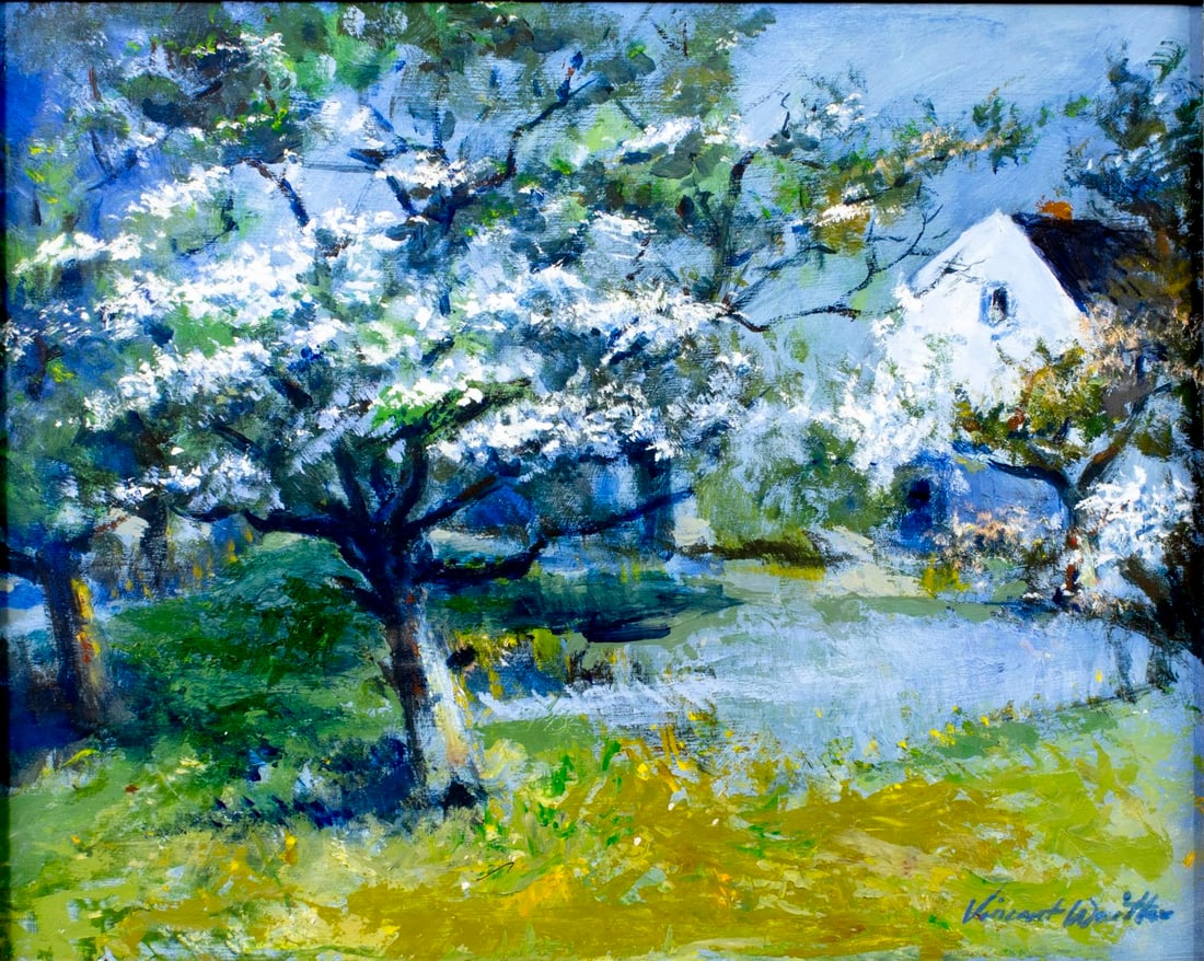 Vincent Waitter (US,20C) oil painting: ARTIST: Vincent Waitter (American, 20 century) TITLE: Landscape with Blooming Trees MEDIUM: oil on board CONDITION: Some small damages to the lower edge. No visible inpaint