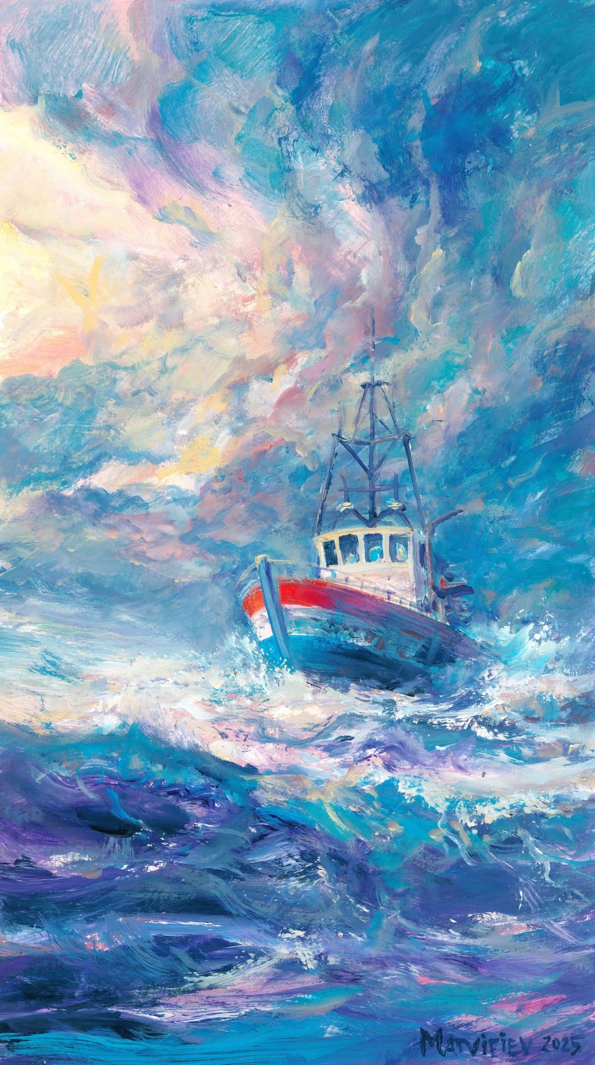 Andriy Matveiev (Ukraine,b 1988) oil painting: ARTIST: Andriy Matveiev (Ukrainian, born 1988) TITLE: Sunset Seascape with Boat MEDIUM: oil on heavy paper CONDITION: Very good. No visible inpaint under UV light.